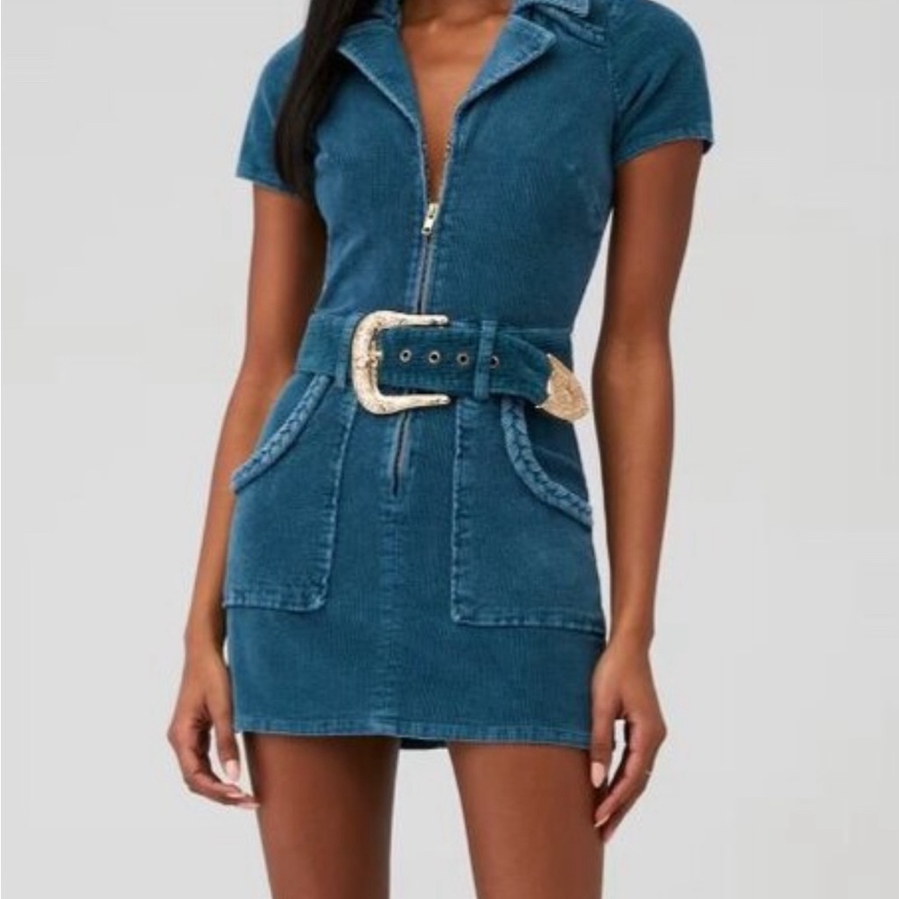 Blue Corduroy Zip Dress with statement buckle